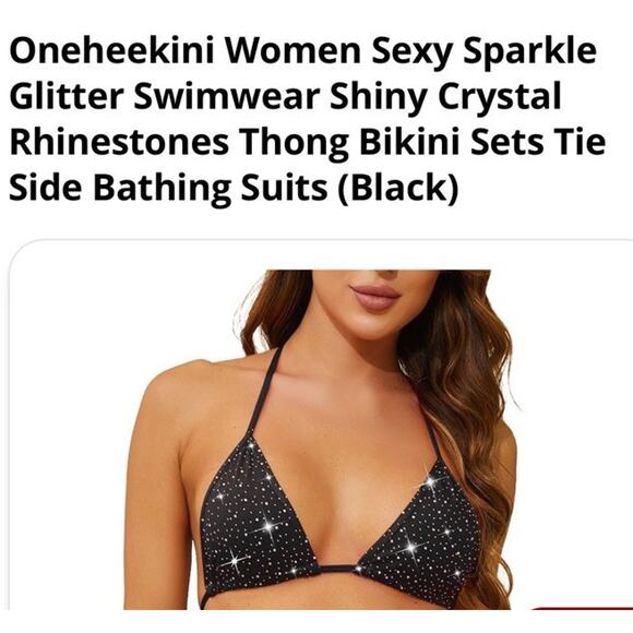 Oneheekini Cheeky Bikini String Swimsuits with Rhinestones, One Size, Black - Picture 10 of 16